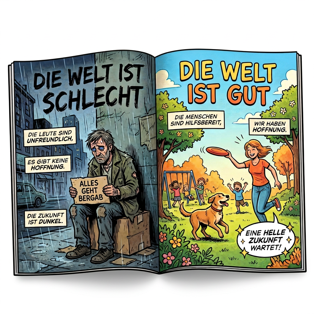 Comic-Gegenüberstellung von Pessimismus und Hoffnung Comic Kontraste: Links düstere Welt mit pessimistischen Aussagen, rechts gute Welt mit Hoffnung und hilfsbereiten Menschen. Texte: Die Welt ist schlecht; Die Leute sind unfreundlich; Es gibt keine Hoffnung; Alles geht bergab; Die Zukunft ist dunkel; Die Welt ist gut; Die Menschen sind hilfsbereit; Wir haben Hoffnung; Eine helle Zukunft wartet.